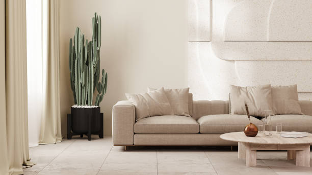 istock Modern living room interior in beige tones with sofa, cactus and stone wall panel, 3d render 1475298956