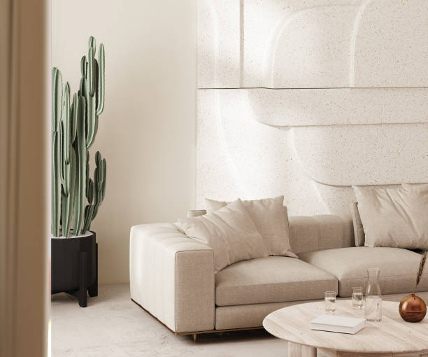 istock Modern living room interior in beige tones with sofa with coffee table, cactus and stone wall panel, 3d render 1475298959