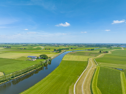Agricultural landscape next to the river IJssel in the IJsseldelta in Overijssel during springtime. Overhead drone view over the farms and meadows under the blue skies with white fluffy clouds.