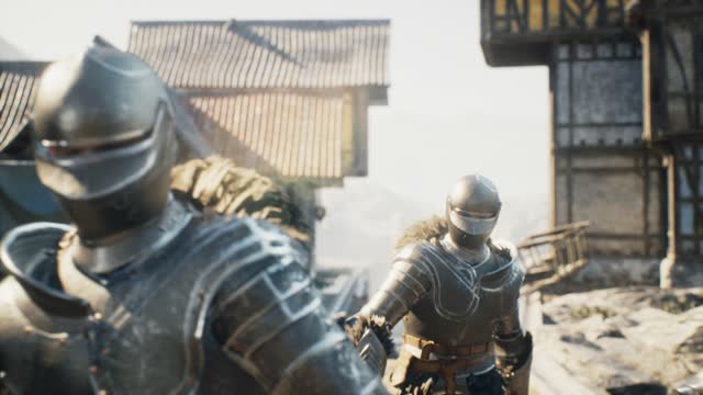 Medieval formidable knights go to battle against the backdrop of an ancient city. Historical medieval concept. The animation is for historical, medieval or military backgrounds.
