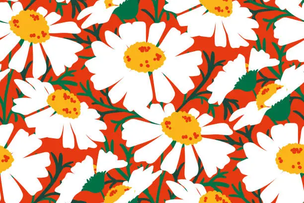 Vector illustration of Seamless floral pattern with large chamomile flowers on a red background. Vector.