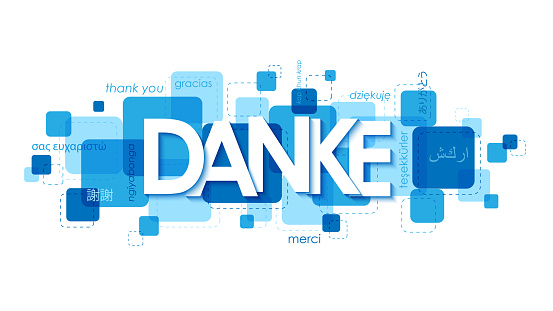 DANKE! blue typography banner (THANK YOU! in German) with translations into various languages