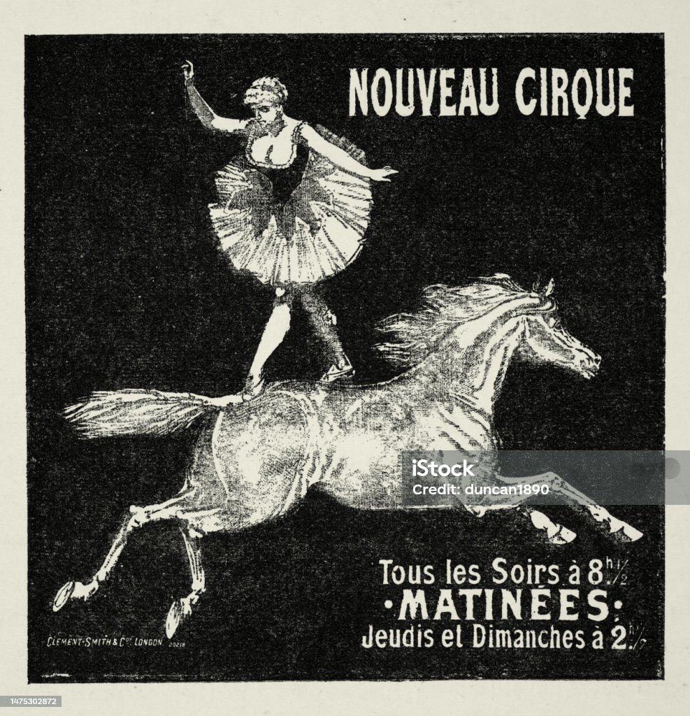 Vintage circus poster, equestrian act woman standing on back a galloping horse, Victorian 1890s Archival stock illustration