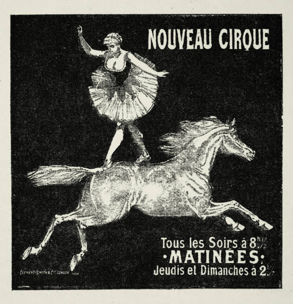 Vintage circus poster, equestrian act woman standing on back a galloping horse, Victorian 1890s vector art illustration