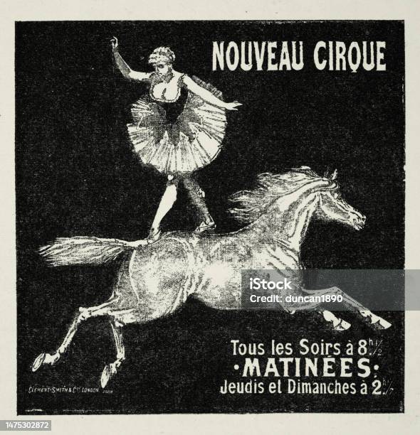 Vintage Circus Poster Equestrian Act Woman Standing On Back A Galloping Horse Victorian 1890s Stock Illustration - Download Image Now
