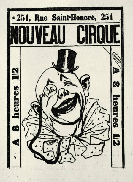 vintage-zirkusplakat, lachender clown mit monokel und kleinem zylinder, nouveau cirque, viktorianische 1890er jahre - fotolächeln stock-grafiken, -clipart, -cartoons und -symbole