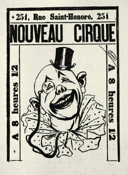 Vintage circus poster, laughing clown wearing monocle and small top hat, Nouveau cirque, Victorian 1890s Vintage circus poster, laughing clown wearing monocle and small top hat, Nouveau cirque, Victorian 1890s cheesy grin stock illustrations