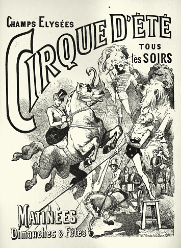 Vintage circus poster, Lion tamer, clowns,  equestrian acts, Cirque D'Ete, Victorian 1890s