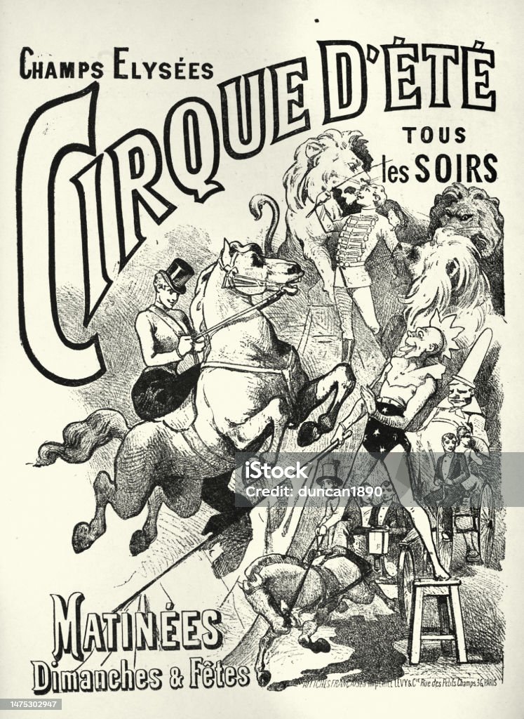 Vintage circus poster, Lion tamer, clowns,  equestrian acts, Cirque D'Ete, Victorian 1890s Circus stock illustration