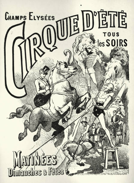 Vintage circus poster, Lion tamer, clowns,  equestrian acts, Cirque D'Ete, Victorian 1890s vector art illustration