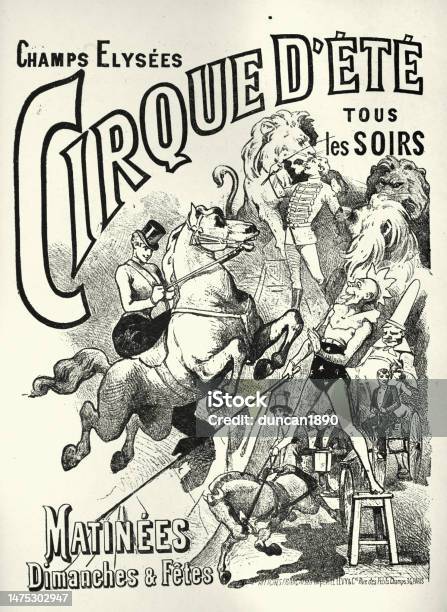 Vintage Circus Poster Lion Tamer Clowns Equestrian Acts Cirque Dete Victorian 1890s Stock Illustration - Download Image Now