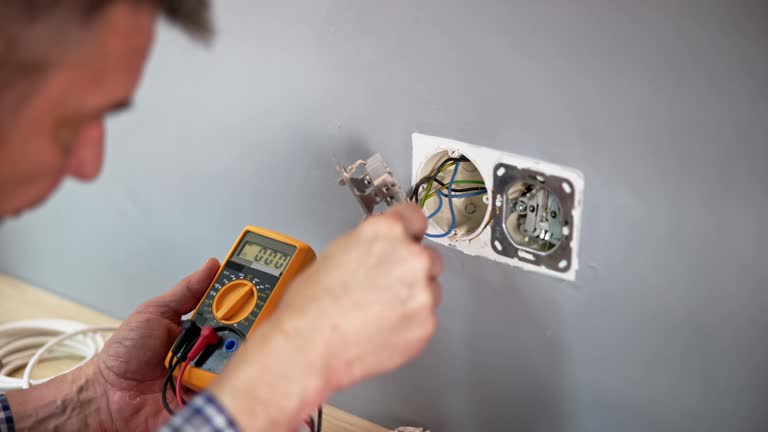 Male Electrician Checking Voltage Of Socket With Multimeter