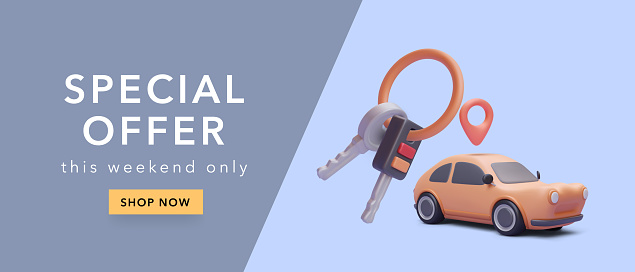 Best sale deal concept banner with realistic car and keys. Vector illustration