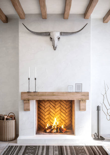 istock Rustic brick fireplace in light colors with decor and animal skull. 3D rendering 1475305252