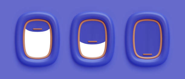 istock Set of 3d realistic blu aircraft windows with curtains in different positions and blank copy space inside. Vector illustration 1475305586