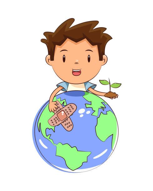 子供は惑星地球の世話をする - patch planet protection ecosystem点のイラスト素材／クリップアート素材／マンガ素材／アイコン素材