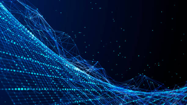 istock Abstract flow of luminous particles on dark background. Movement of colored dots. Big data. 3D rendering. Widescreen 1475306295