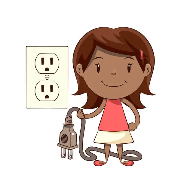 Vector illustration of Little girl holding electric plug, unplug