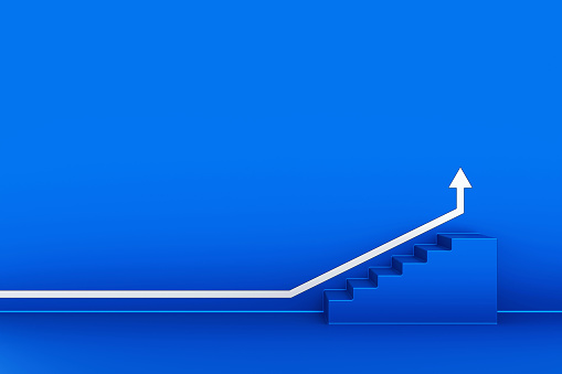 White arrow up with blue stair on blue metal wall, 3D arrow climbing up over a staircase , 3d stairs with arrow going upward, 3d rendering