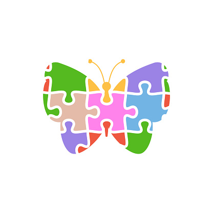Symbol or emblem for Autism disorder in shape of butterfly consisting of puzzle pieces, flat graphic vector illustration isolated on white background.
