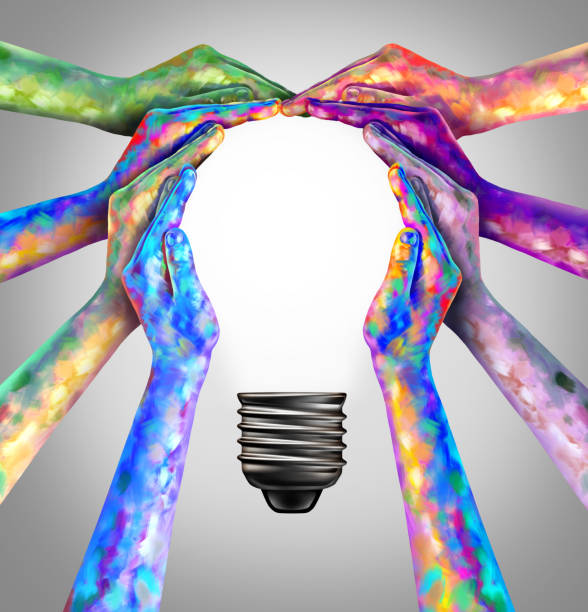 United Creative People United creative People thinking together as a diverse art group coming together joining painted hands into the shape of an inspirational light bulb with 3D elements. childrens rights stock pictures, royalty-free photos & images