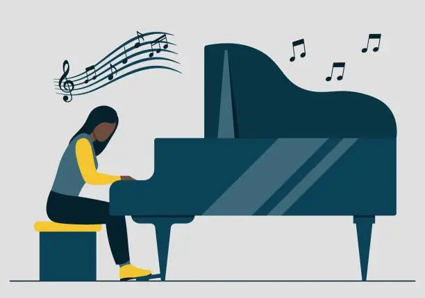 Vector illustration of Black Skin Woman Playing Piano With Musical Notes On Background Vector Illustration In Flat Style
