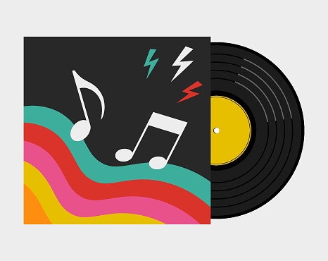 Vinyl Record With Album Cover On Package. Music Retro Vintage Concept. Vector Illustration In Flat Style