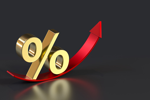 Gold and Red Color Percentage Sign and Arrow Up. 3d Rendering