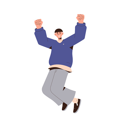 Happy male character with positive energy jumping from joy and fun. Young active guy clenching fist feeling excited celebrating success and goal achievement, getting good news vector illustration