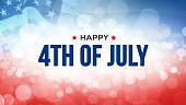 Happy 4th of July Greeting Card Design with United States National Flag Colors and Text Lettering, USA Fourth of July Independence Day Graphic Illustration with Defocused Blurred Motion Bokeh Lights and American Flag Texture Background