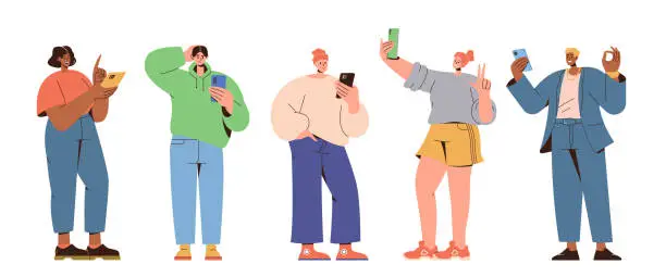 Vector illustration of Happy young people using mobile phone looking at screen and chatting with friends, making photo