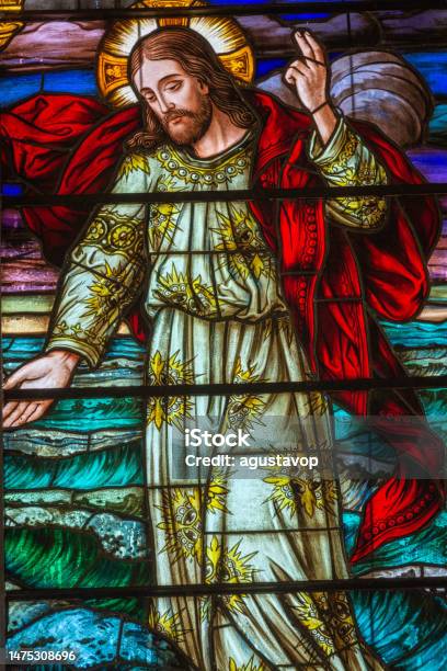 Stained Glass Window With Jesus Inside Gramado Stone Church Rio Grande Do Sul Southern Brazil Stock Photo - Download Image Now