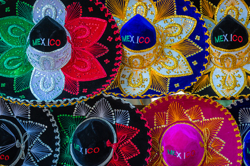 Colorful sombreros, mexican hats souvenirs pattern in a row, Cancun, Mexico