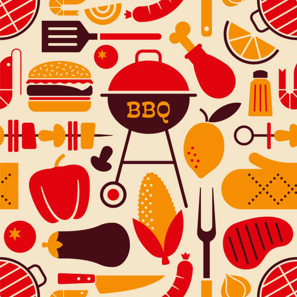 illustrazioni stock, clip art, cartoni animati e icone di tendenza di elementi barbecue modello senza cuciture. - steak chef cooking meat