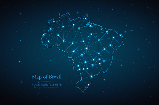 Abstract map of Brazil geometric mesh polygonal network line, structure and point scales on dark background. Vector illustration eps 10.