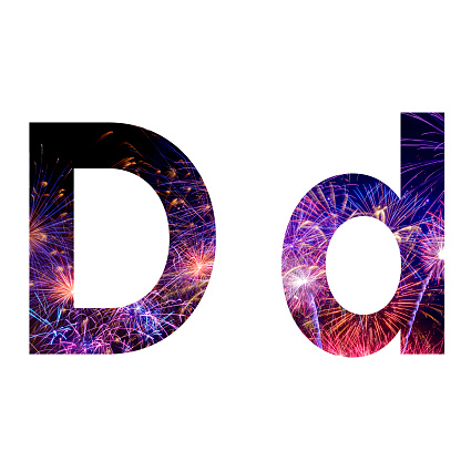 Letter D made from celebration happy new year and merry christmas firework isolated on black isolated background