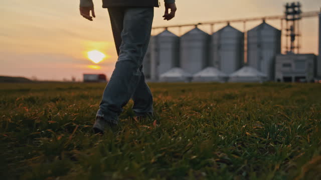 SLO MO Farmer walks in the middle of the field with silos in the background