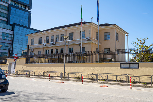 Tirana, Albania. March 2023. External view of the Italian embassy palace in downtown