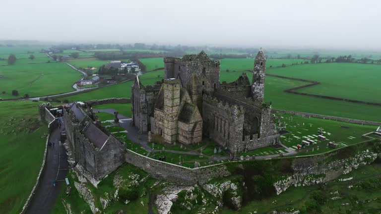 Aerial view of the Ireland, aerial view of ancient ruins, irish rocks, city of cashel,  is a historic site located at Cashel, historic monastery