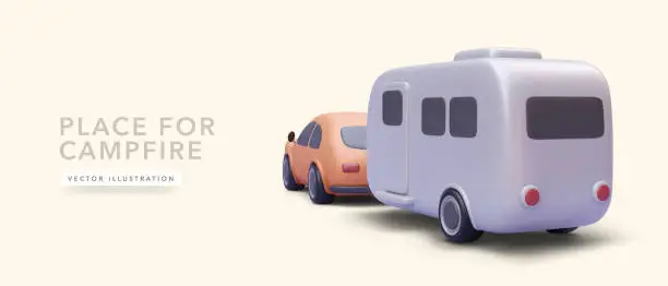 Vector illustration of Concept banner for camping place with 3d realistic car and motorhome. vector illustration