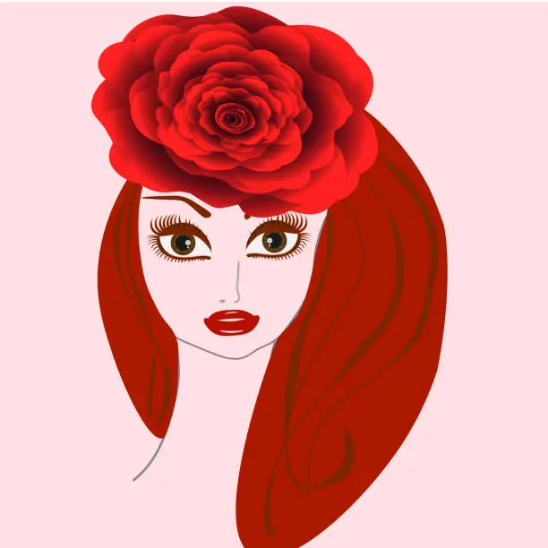 Vector illustration of A beautiful girl with bright red lips, brown eyes, with bright red hair, in a hat in the form of a rose.