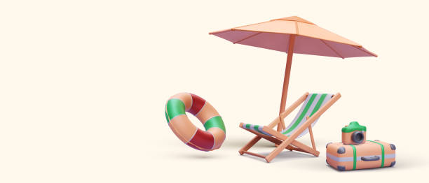 istock 3d realistic render umbrella, beach chair, suitcase, camera, lifebuoy. Vector illustration 1475312150