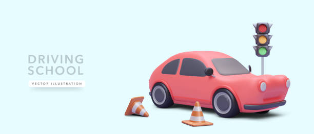 Concept banner for driving school with 3d realistic red car, road cones, traffic light. Vector illustration Concept banner for driving school with realistic red car, road cones, traffic light. Vector illustration car crash accident cartoon stock illustrations