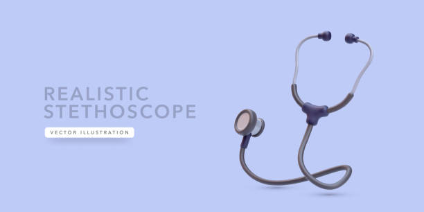 파란색 배경에 격리된 그림자가 있는 3d 현실적인 의료 청진기. 벡터 그림 - stethoscope stock illustrations