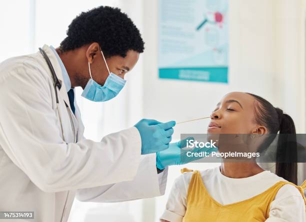 Doctor Black Woman Or Covid Swab Test In Hospital Checkup Clinic Wellness Or Bacteria Virus Control Patient Cotton Or Nose With Healthcare Worker In Disease Sample Medical Research Or Compliance Stock Photo - Download Image Now
