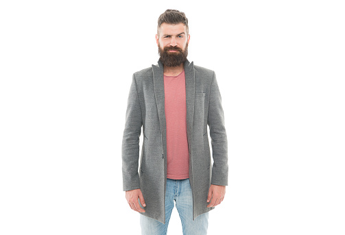 Bearded hipster stylish fashionable jacket. Man wear casual jacket. Consultation of stylist. Male wardrobe. Modern outfit. I prefer casual style. Menswear and fashion concept. Stylish casual outfit.