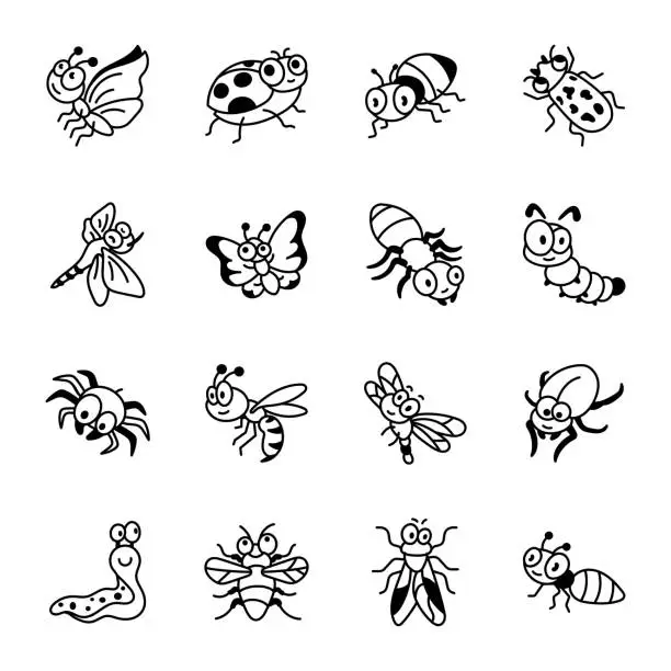 Vector illustration of Set of Flying and Earth Bug Doodle Icons