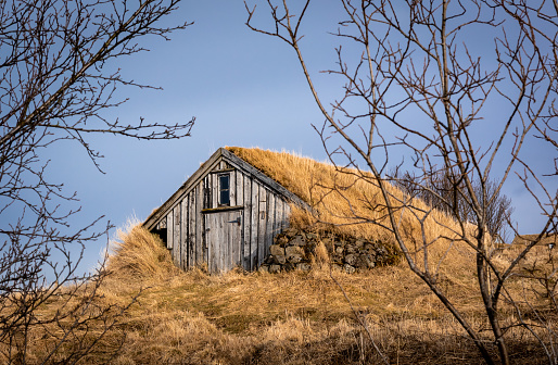 Reykjavik, Iceland - March 15, 2023: A traditional icelandic turf house in Arbaersafn.