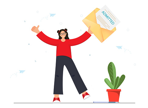 Happy woman, girl happy with recieved e-mail, admitting the documents, recieving positive answer, getting incoming letter by e-mail with admitted documents, hiring people on work concept, flat vector