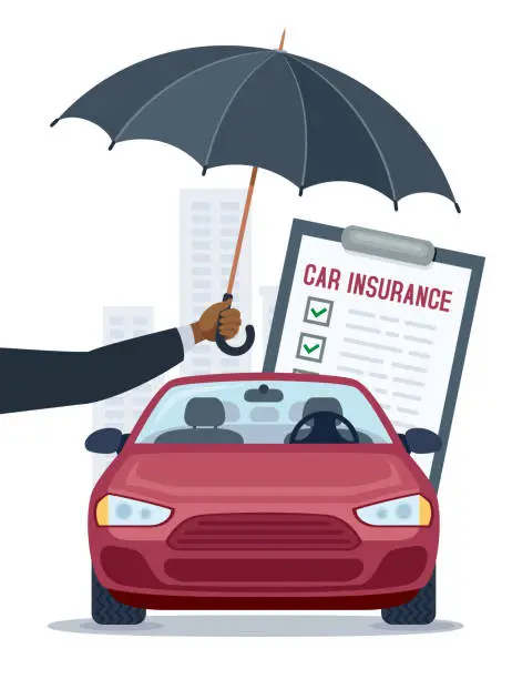 Vector illustration of Car Insurance. Auto Insurance. Car under umbrella. Security and protection.
